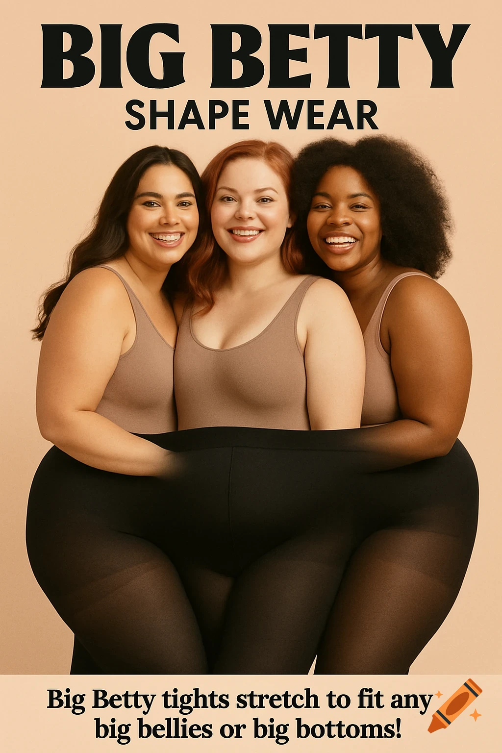 Three smiling curvy women wearing light brown bodysuits and black tights, advertising "Big Betty Shape Wear."