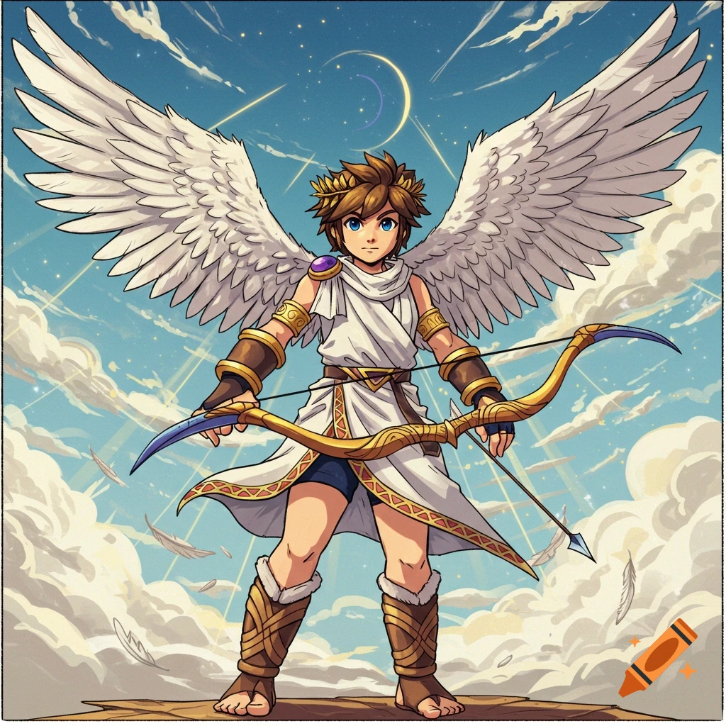A stylized illustration of Pit from Kid Icarus, an angelic boy with ...
