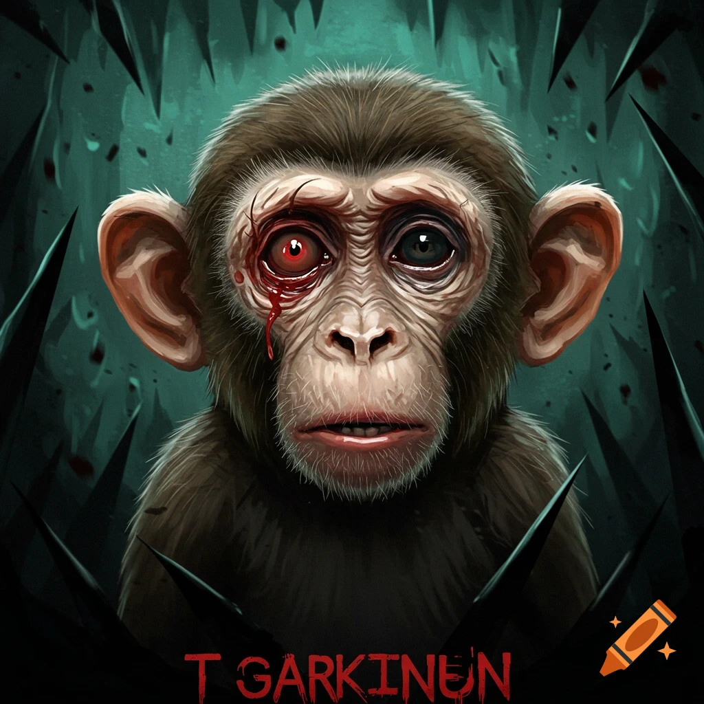 A stylized horror illustration of a young monkey with a severely injured, bloody red eye, looking directly forward against a dark, spiky, teal background.