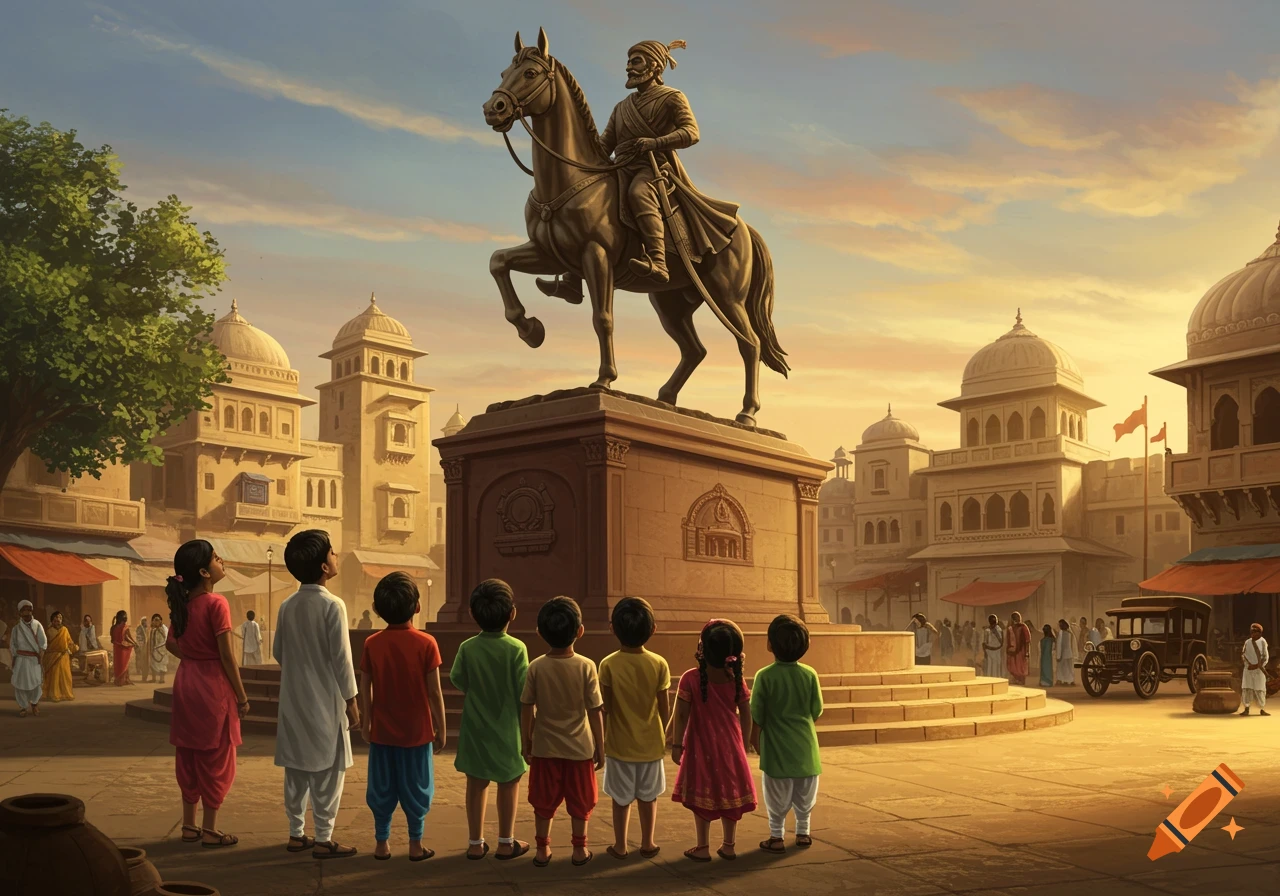 A bronze statue of Shivaji Maharaj on horseback overlooks a group of children admiring it in an old Indian city at sunset.