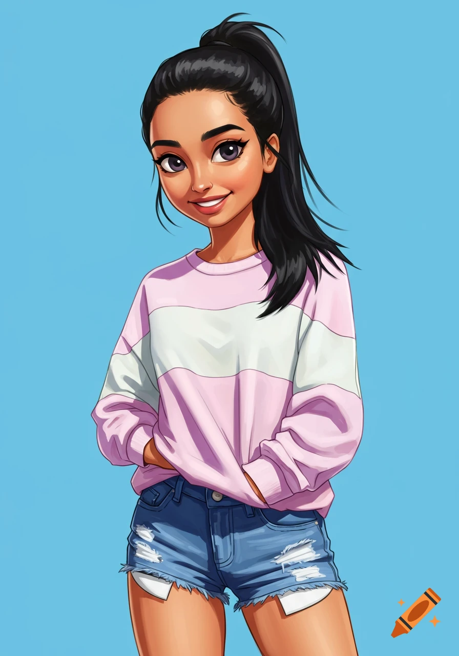 Stylized portrait of a young Indian woman with black hair in a ponytail, wearing a pink and white striped sweatshirt and ripped denim cutoff shorts.