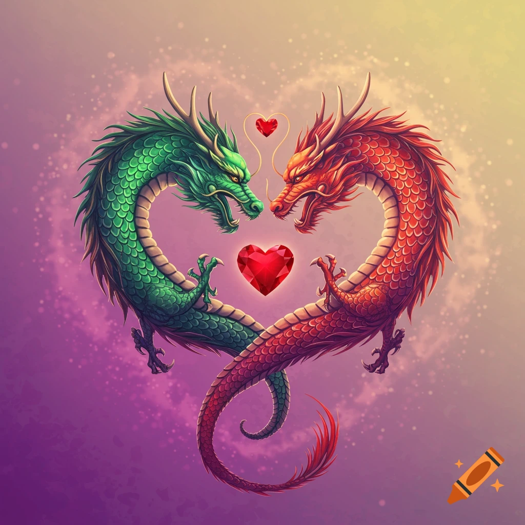 Two colorful Chinese dragons, one green and one red, forming a heart shape with red heart gems, on a sparkling purple background.