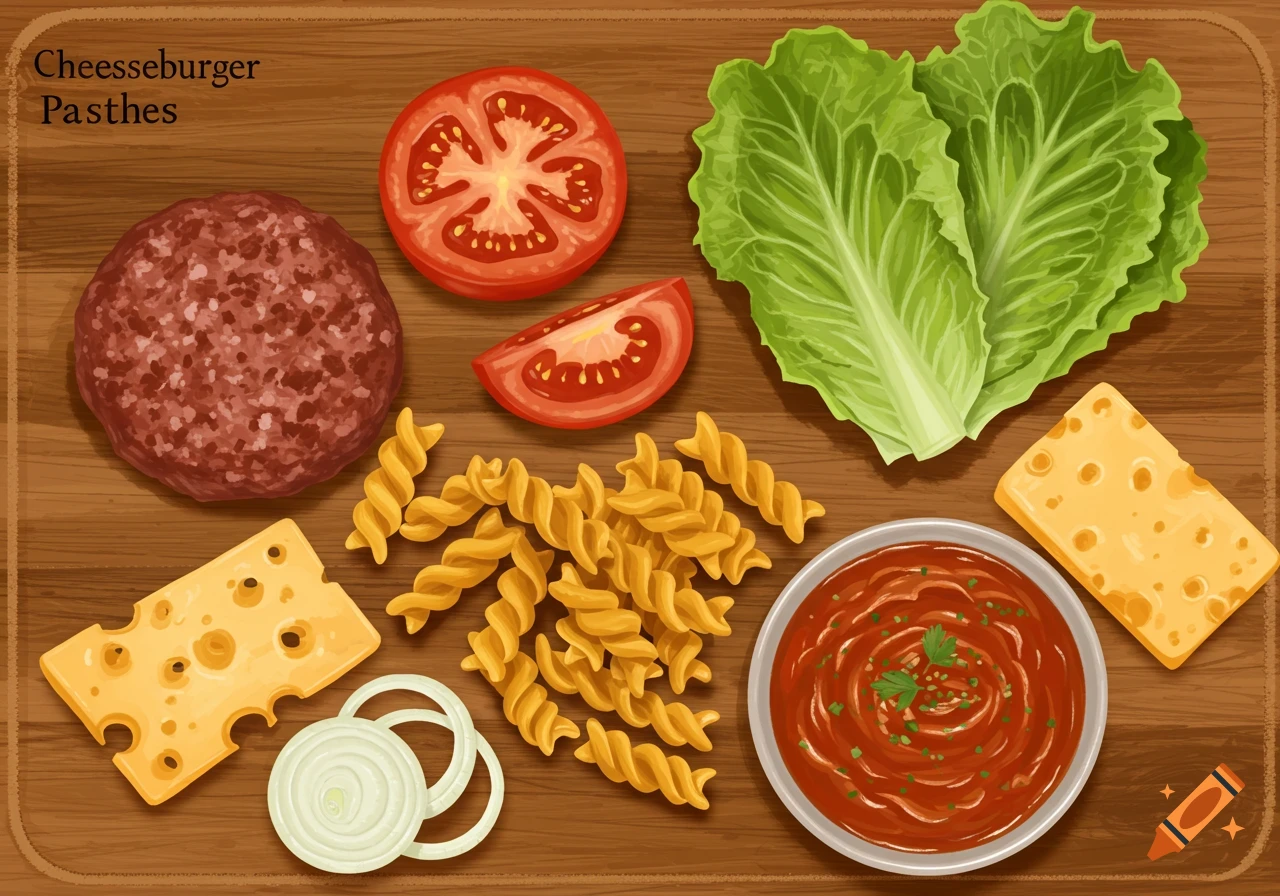 Illustrated cheeseburger and pasta ingredients on a wooden board, including a patty, lettuce, tomato, cheese, pasta, and sauce.