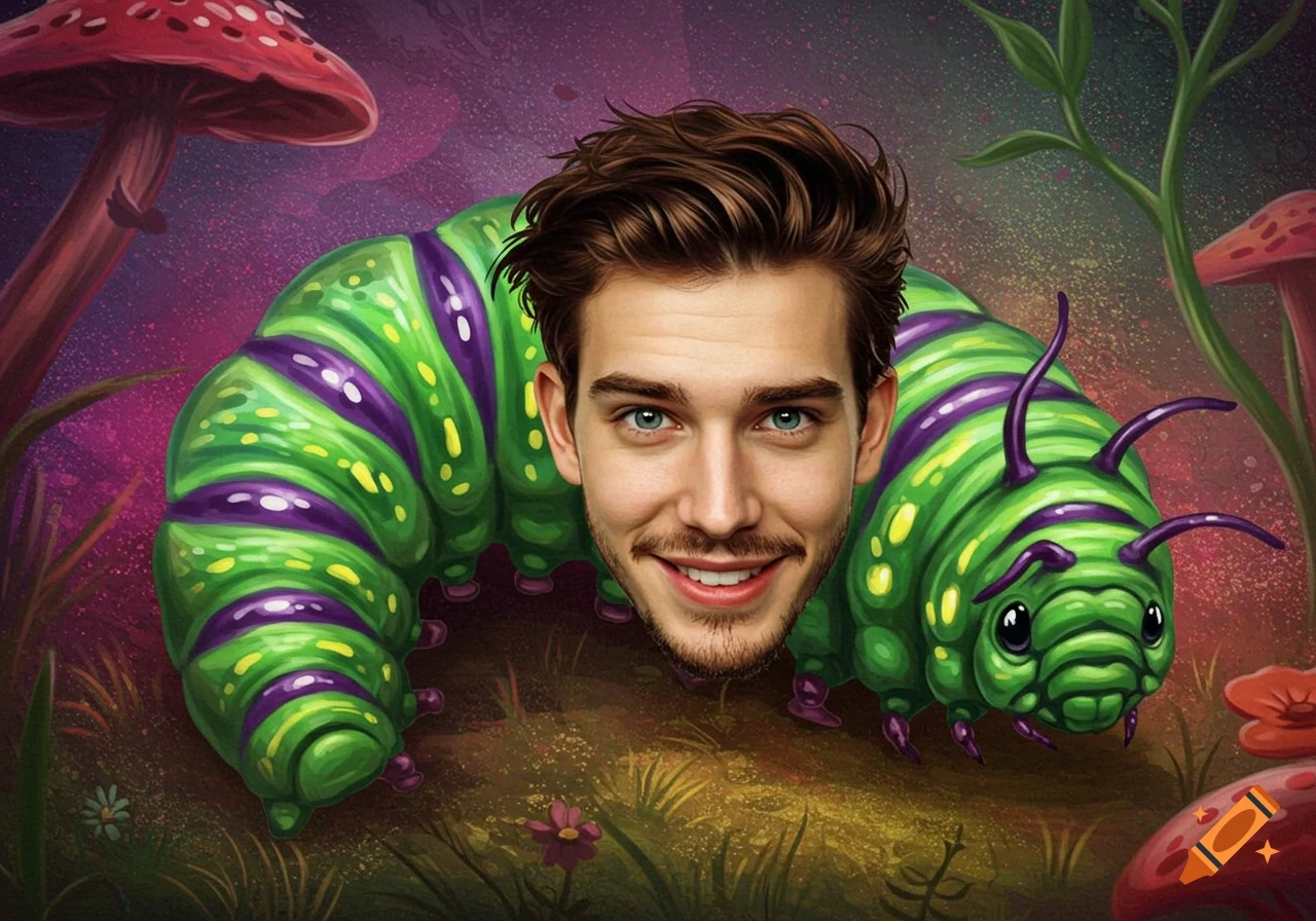 A human male face smiles from a green and purple striped caterpillar in a whimsical forest with red mushrooms.