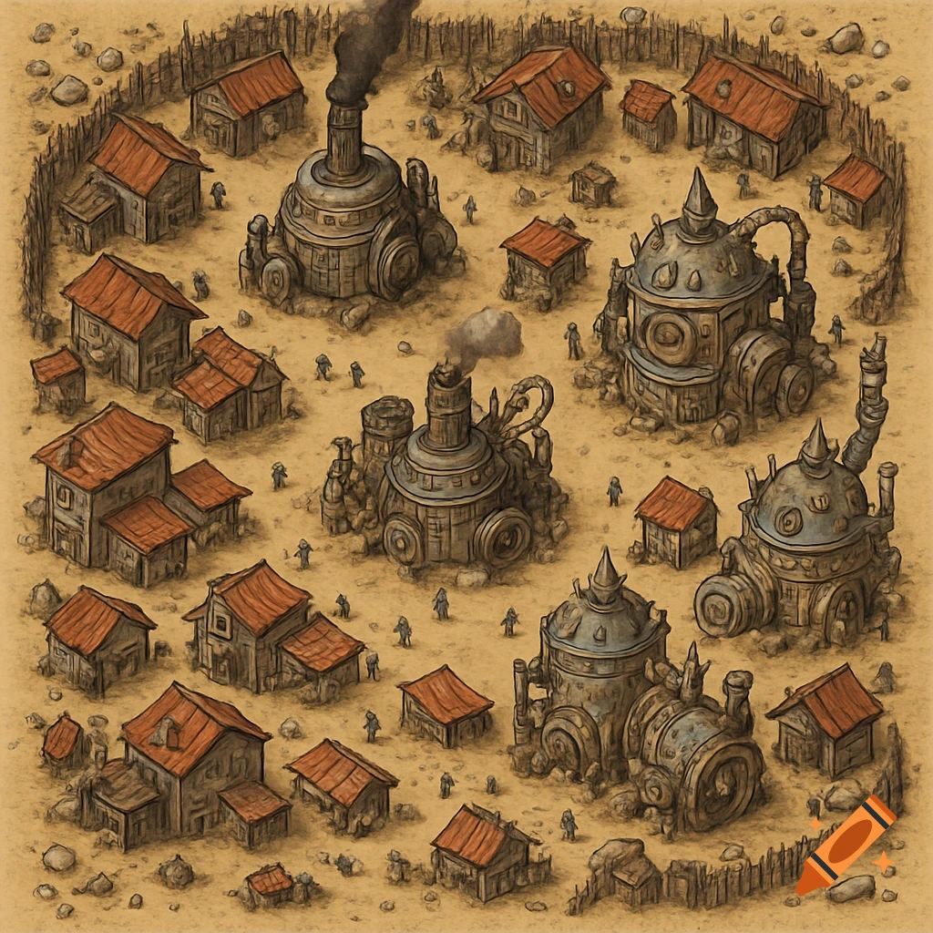 Birdseye view of a medieval steampunk desert town with houses, factories, and small figures, in a battle map style.