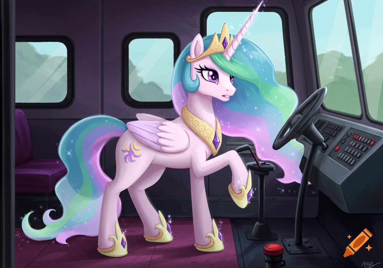 Princess Celestia, an alicorn pony, stands in the driver's cabin of a bus, looking surprised.