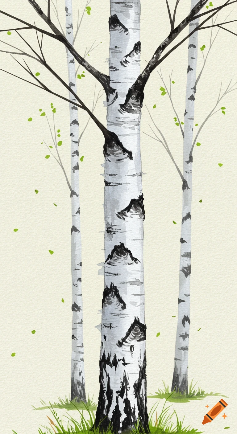 A watercolor painting of three birch trees with white bark and black markings, featuring scattered green leaves on a light background.
