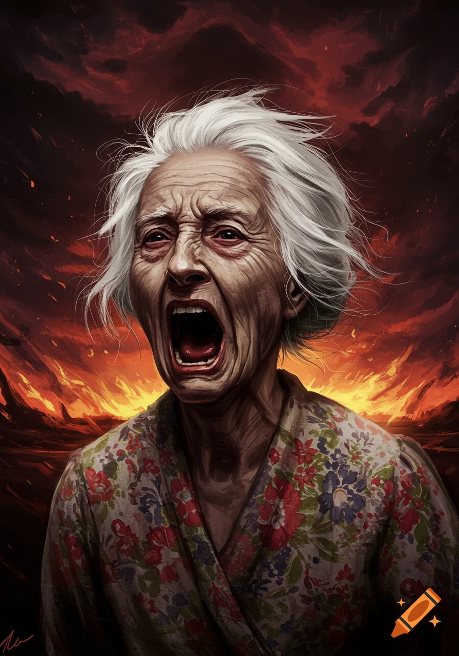 A close-up, dramatic portrait of an old woman with white hair screaming, against a fiery, hellish background.
