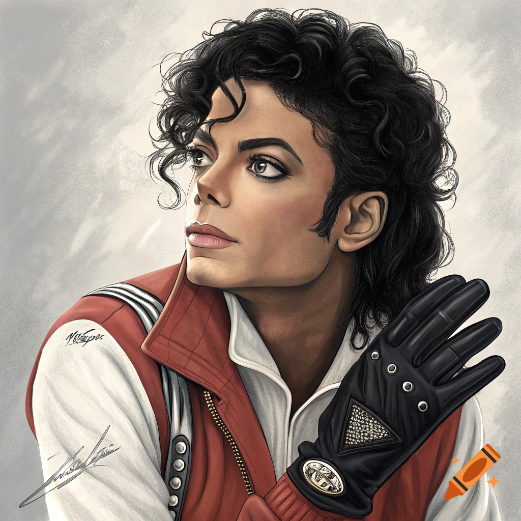 Detailed portrait of Michael Jackson wearing a red jacket and black glove, looking up.