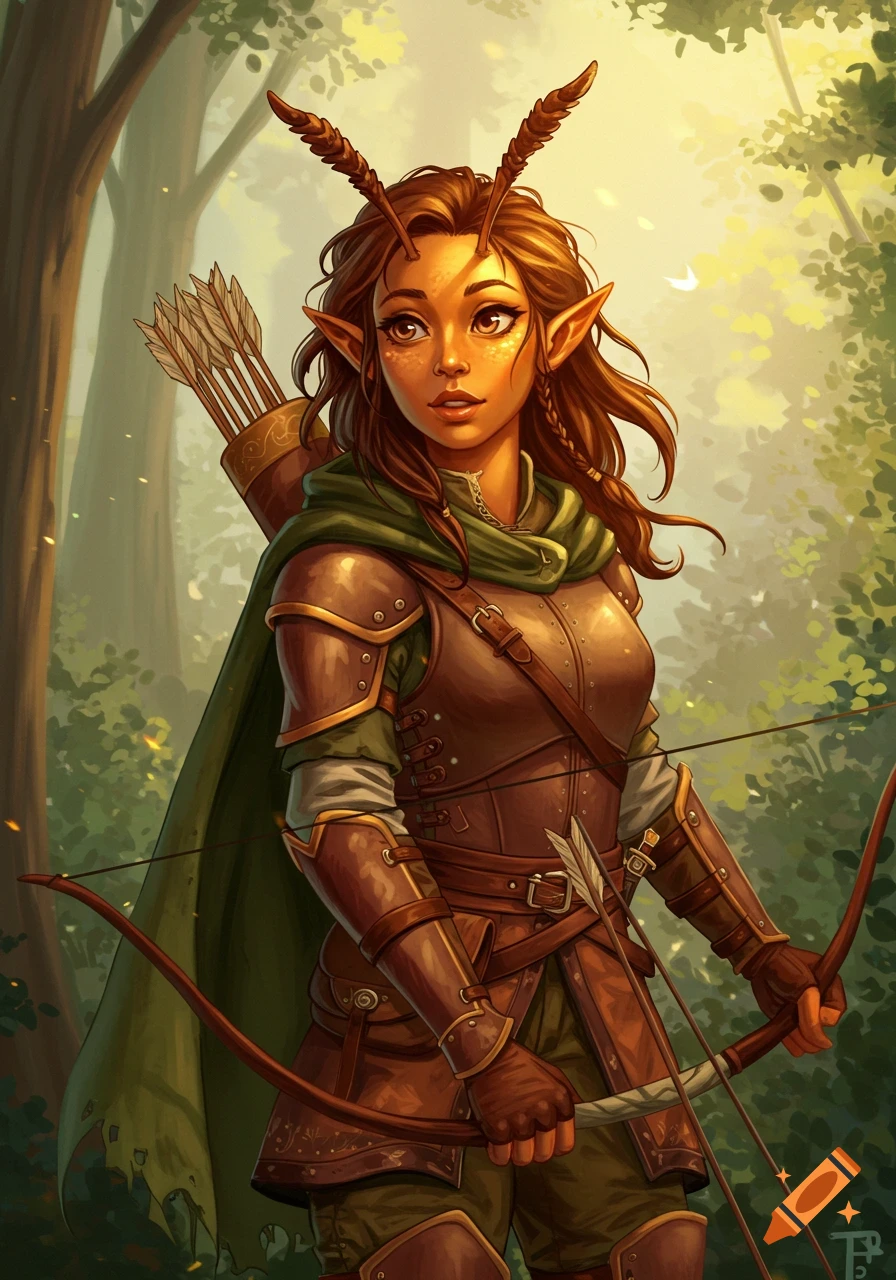 A fantasy ranger girl with bee antennae, yellow skin, and brown hair, wearing armor and a green cape, holding a bow in a forest.