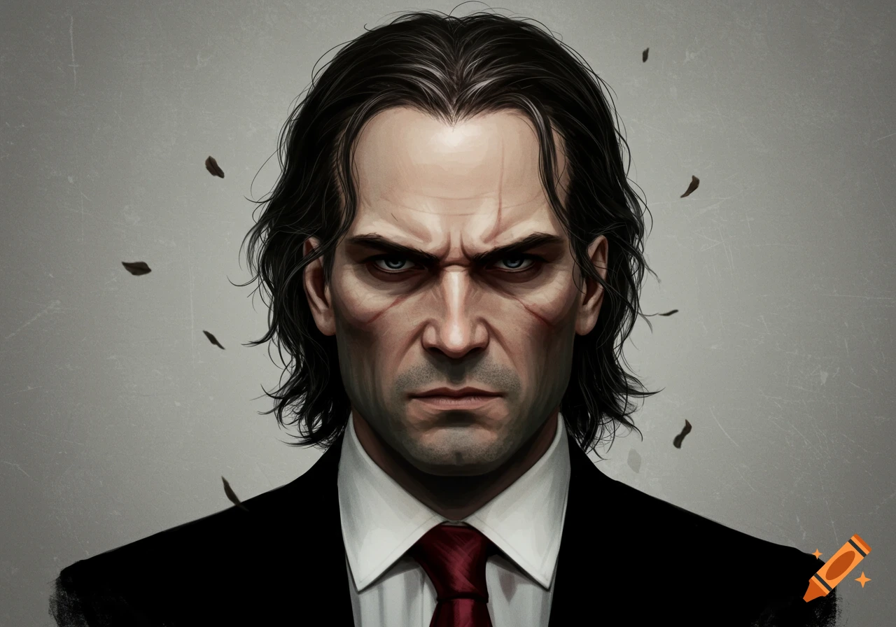 Digital painting of a stern man with dark hair, a suit, and scars ...