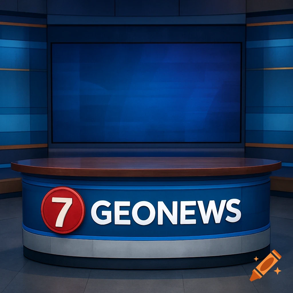 A photorealistic news studio set with a blue and gray desk featuring a prominent '7 GEONEWS' logo, against a large blue screen.