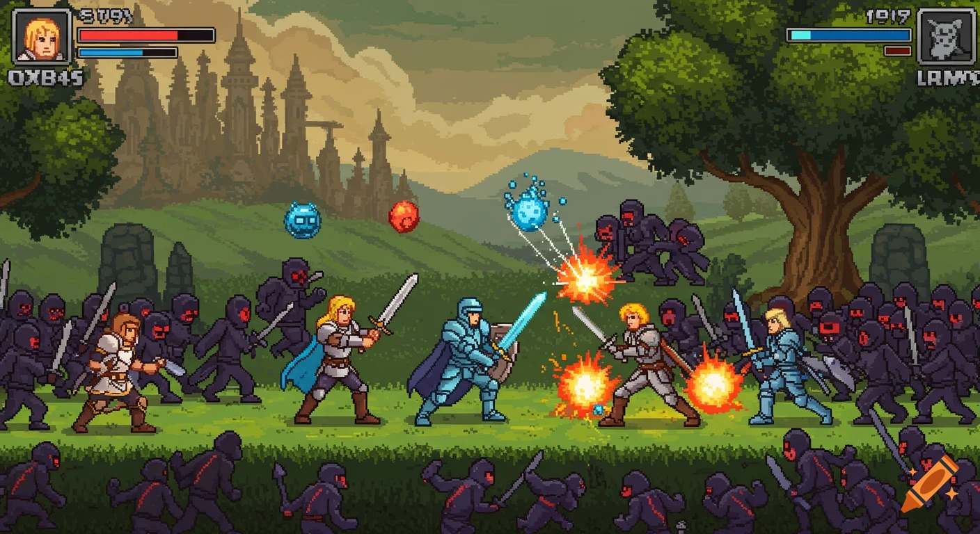 A pixel art battle scene shows four warriors fighting shadowy figures in a green field with a castle in the background.