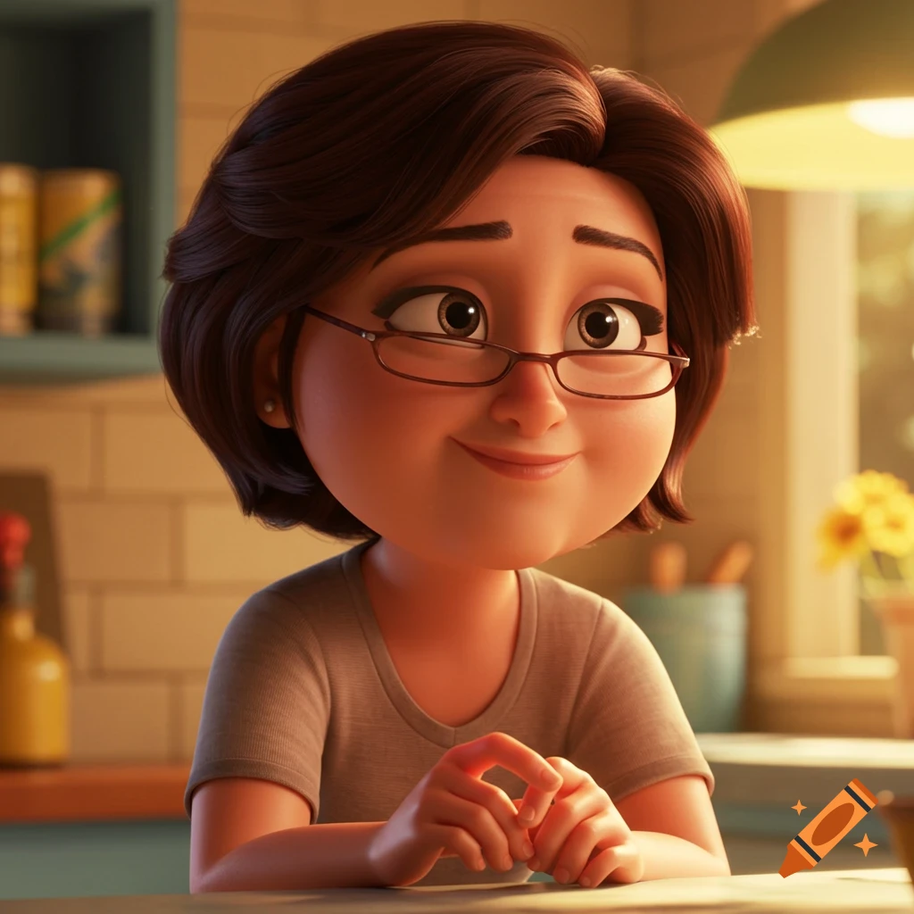 A smiling cartoon woman with short brown hair and glasses, in the style of Pixar animation, sits at a table.