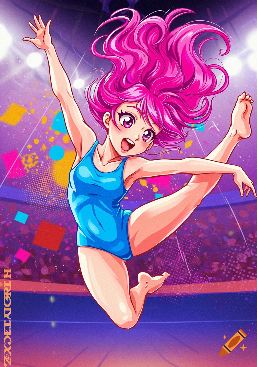 Anime girl with bright pink hair in a blue leotard jumping in a stadium during a gymnastics routine, dynamic action shot.