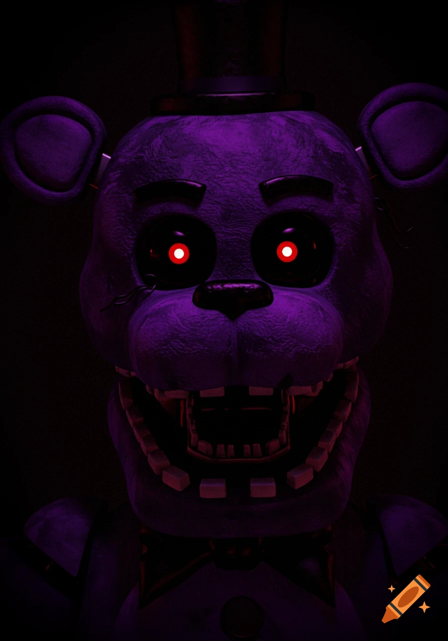 A dark purple animatronic bear with glowing red eyes and an open maw stares forward in a dark setting.
