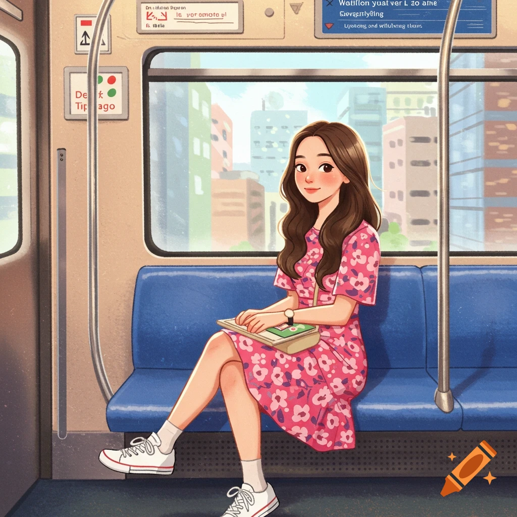 A cartoon woman with long brown hair sits on a blue train seat, wearing a pink floral dress and white sneakers, holding a book.