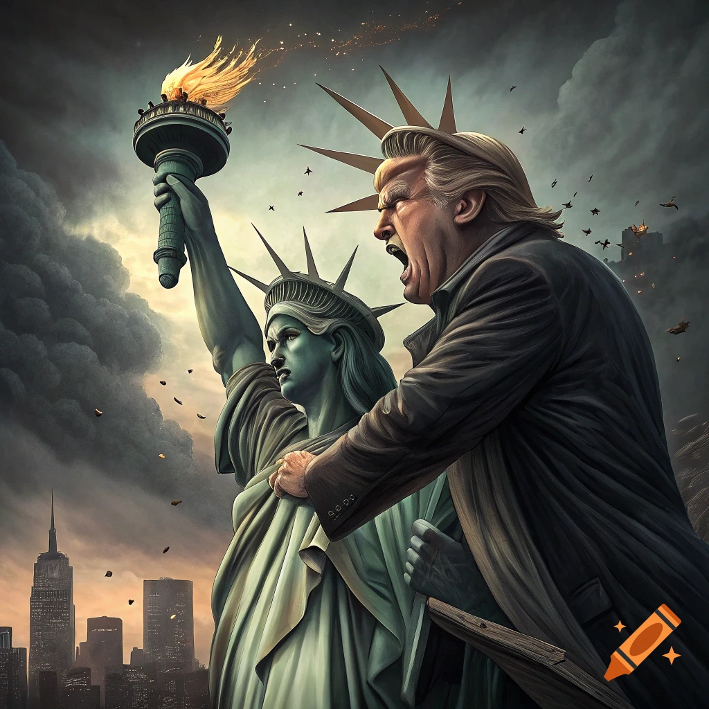 Donald Trump, with an angry expression, grabs the arm of the Statue of Liberty, who holds a fiery torch. Stormy sky over a city.