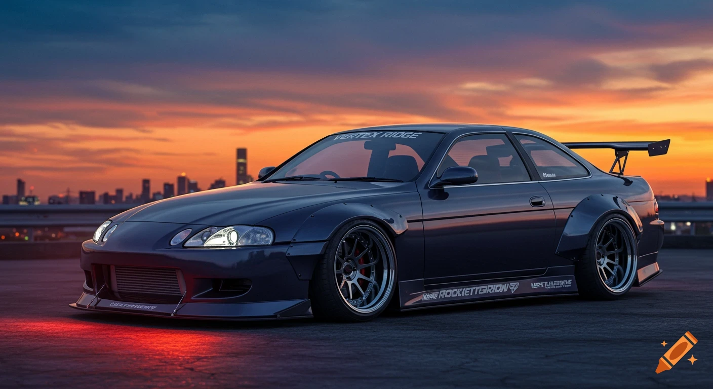 A dark blue widebody sports car, a Toyota Soarer, parked at sunset with a city skyline in the background, in a photorealistic style.