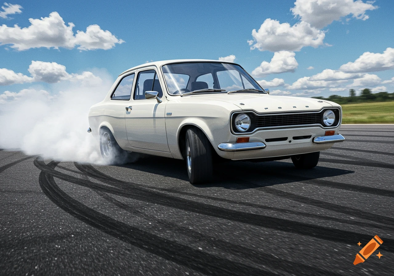 A white classic Ford Escort Mk1 performs a burnout, leaving tire marks on an asphalt road under a blue sky with clouds. Photorealistic.