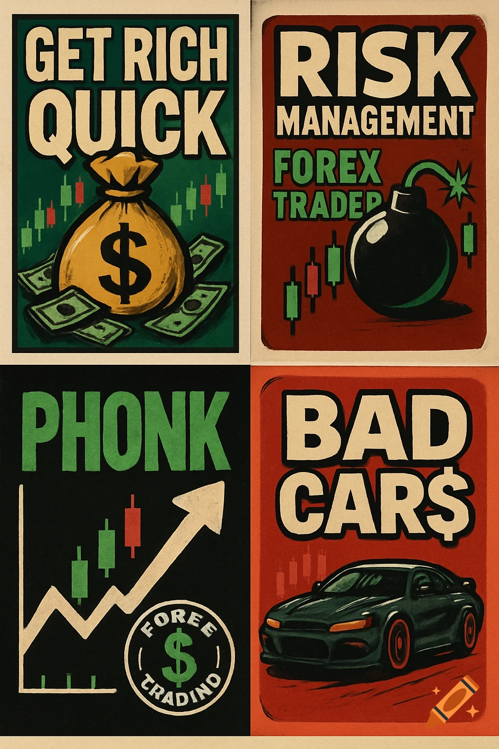 Four stylized posters about finance and cars: 'Get Rich Quick', 'Risk Management', 'Phonk', and 'Bad Cars'.