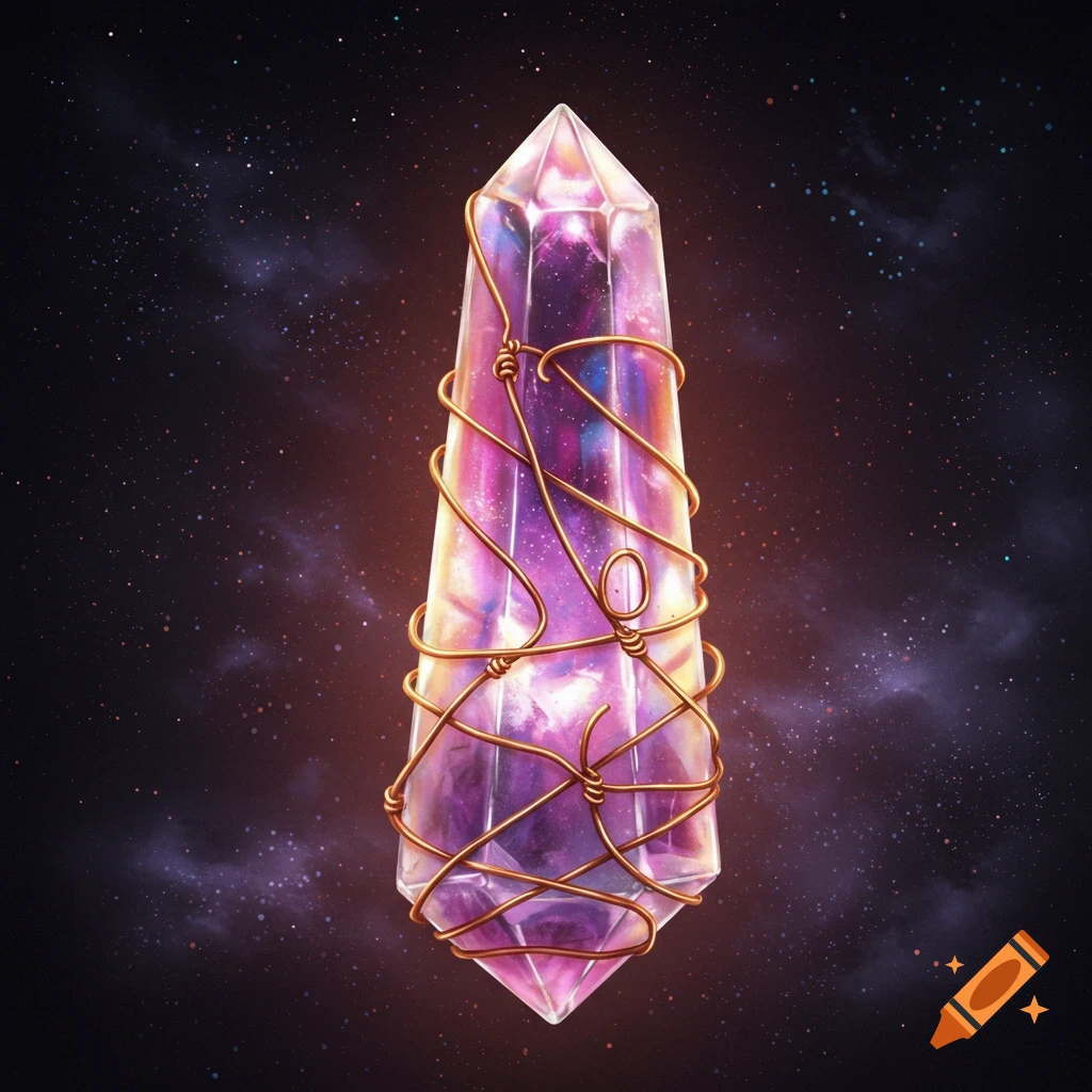 A translucent purple crystal obelisk wrapped in copper wire, set against a starry cosmic background.