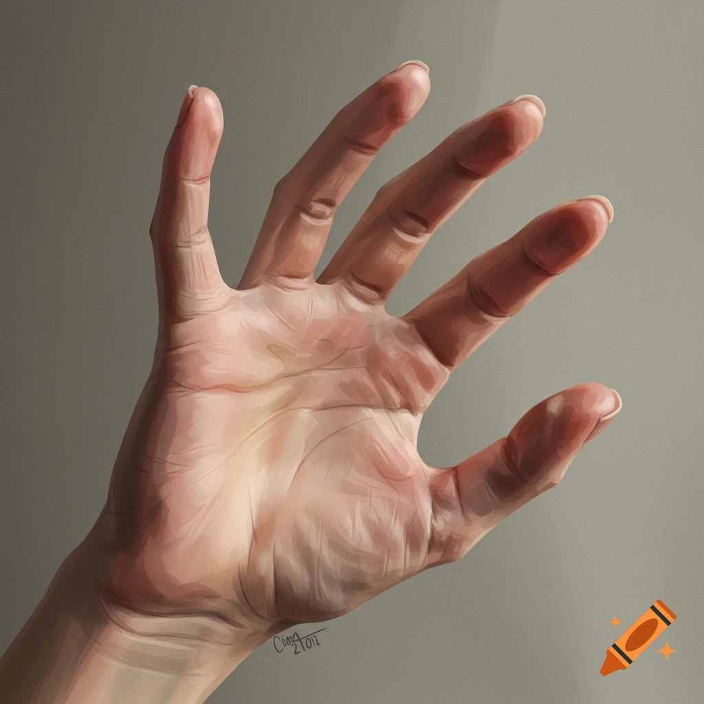 A realistic digital painting of a human hand with fingers slightly spread against a grey background.