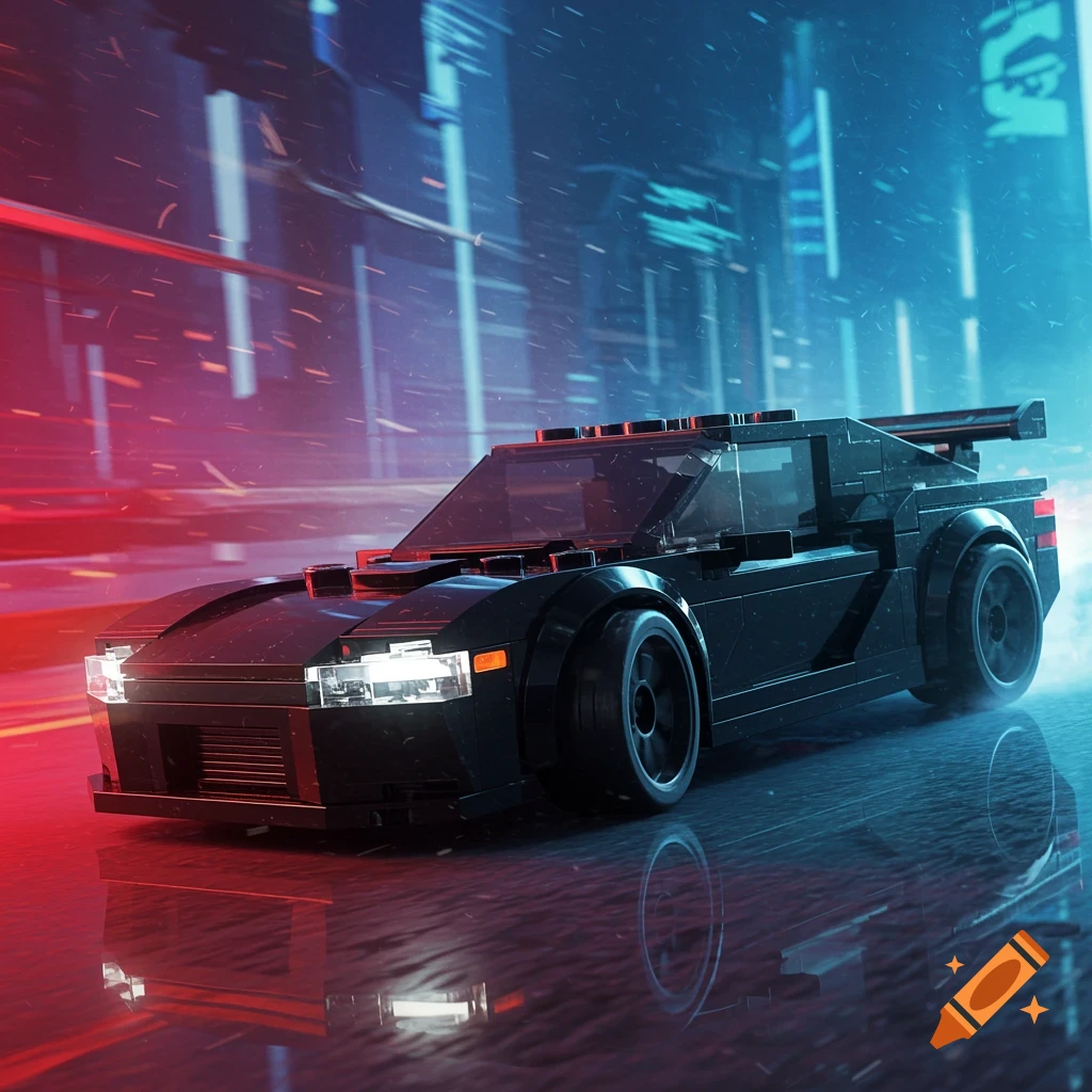 A black Lego car speeding through a wet, neon-lit cyberpunk city street at night.