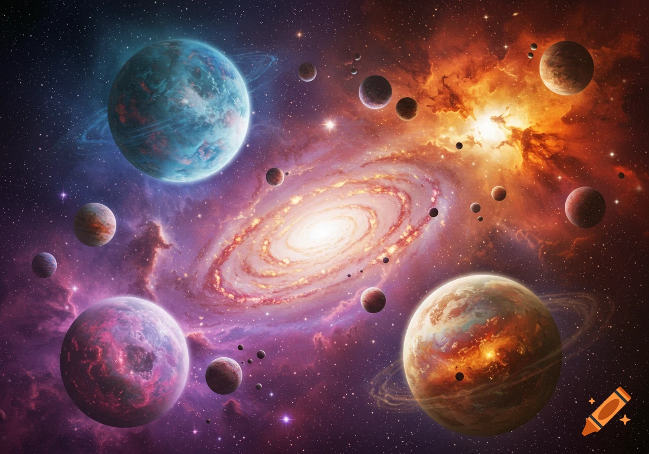 A vibrant galaxy with a central spiral, surrounded by numerous colorful planets and stars.
