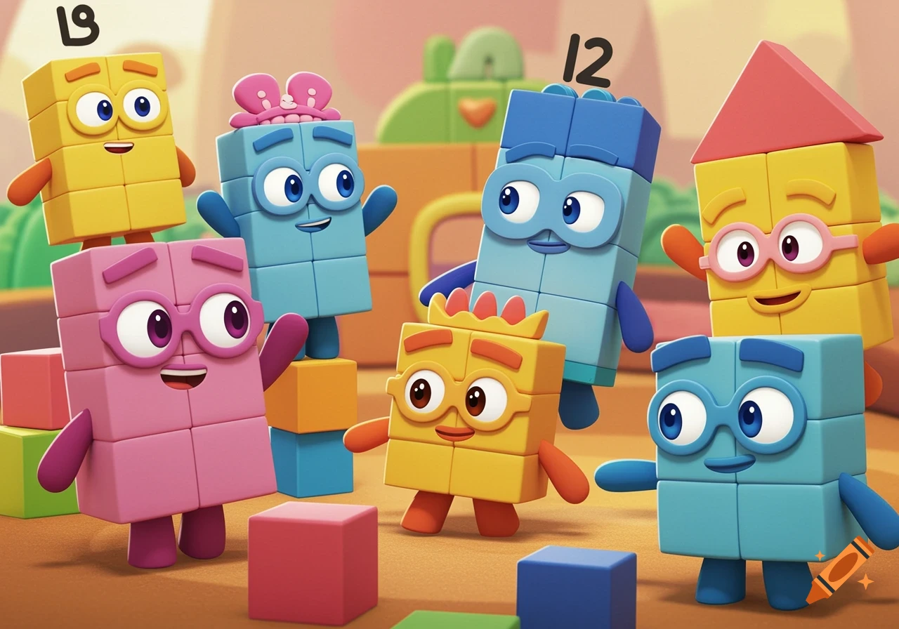 Colorful block characters with faces and limbs stand and interact, reminiscent of the cartoon Numberblocks.