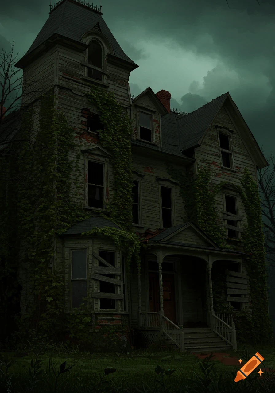 An old, dilapidated, ivy-covered house with boarded-up windows under a dark, gloomy sky.