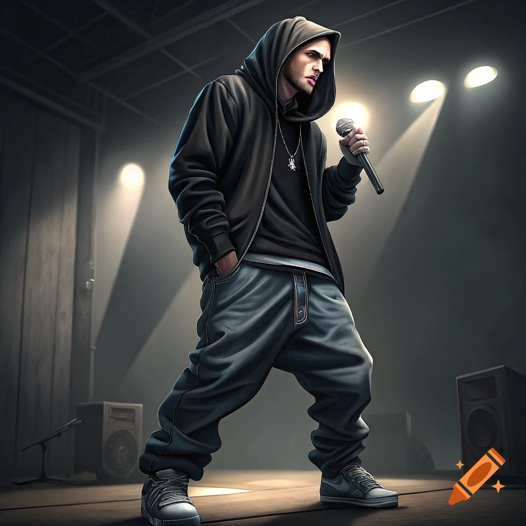 A man resembling Eminem in a black hoodie and baggy pants stands on a stage, holding a microphone under spotlights.