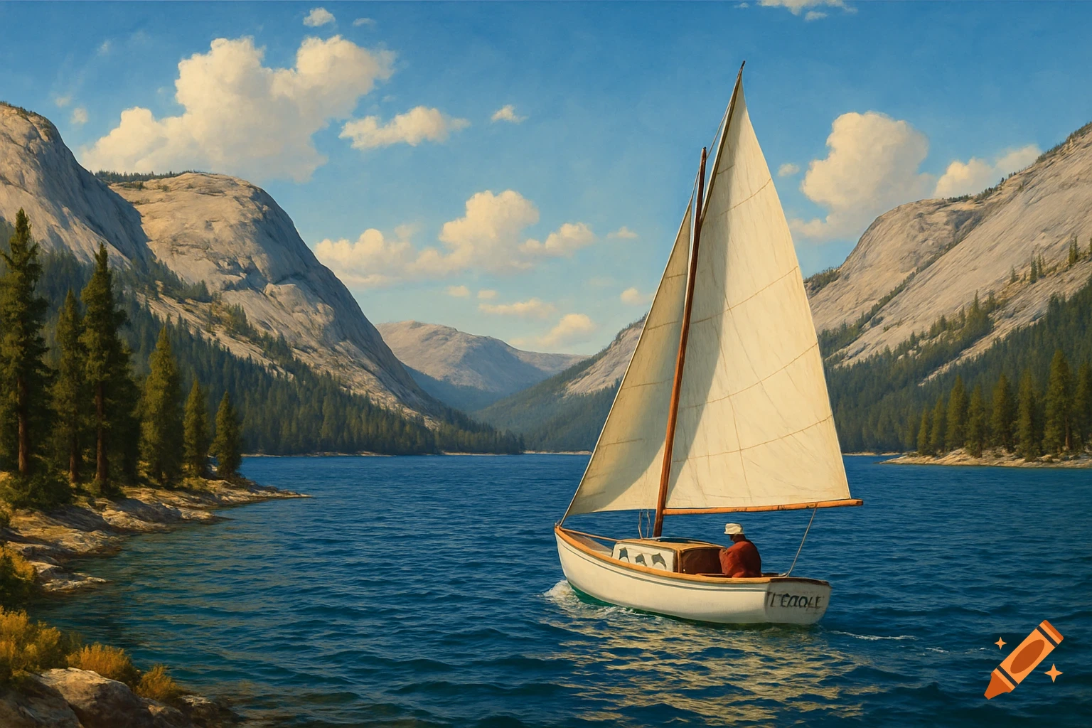 A sailboat floats on a calm blue lake, surrounded by towering mountains and pine forests under a bright sky with clouds, in a painted style.
