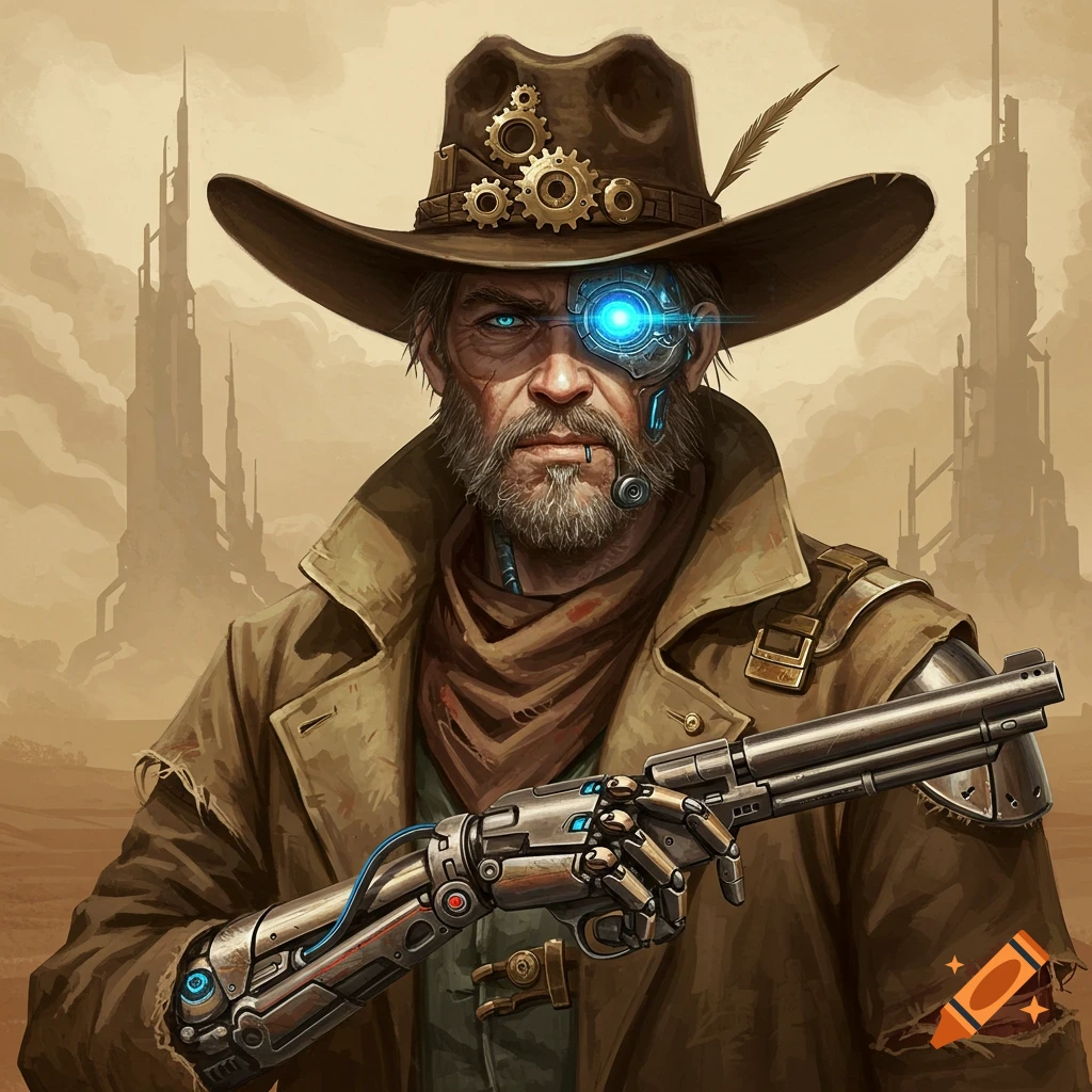 Detailed illustration of a rugged cybernetic steampunk cowboy with a glowing blue optical eye and robotic arm holding a gun.