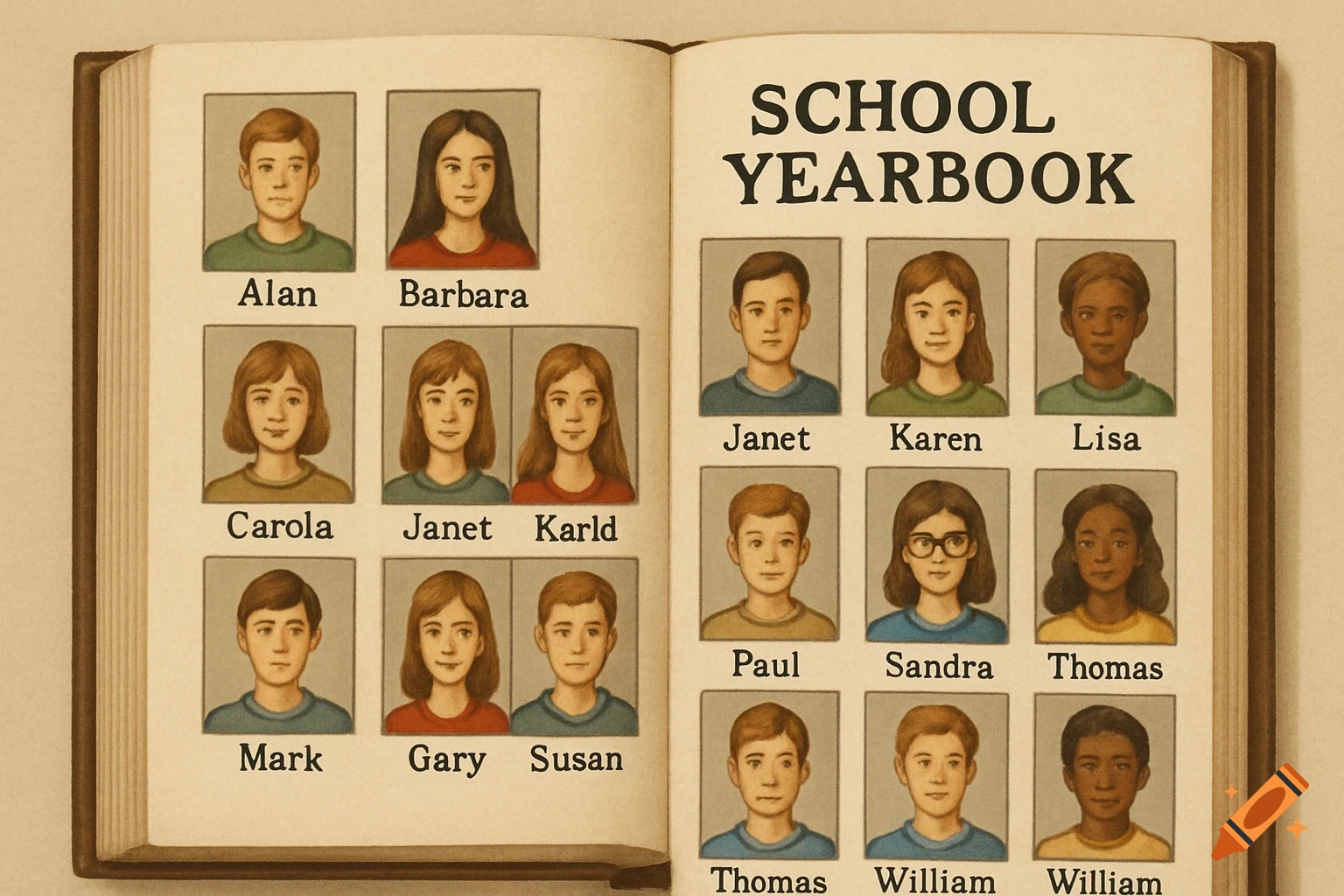 An open school yearbook showing multiple cartoon-style portraits of children with their names printed below, on a light brown background.