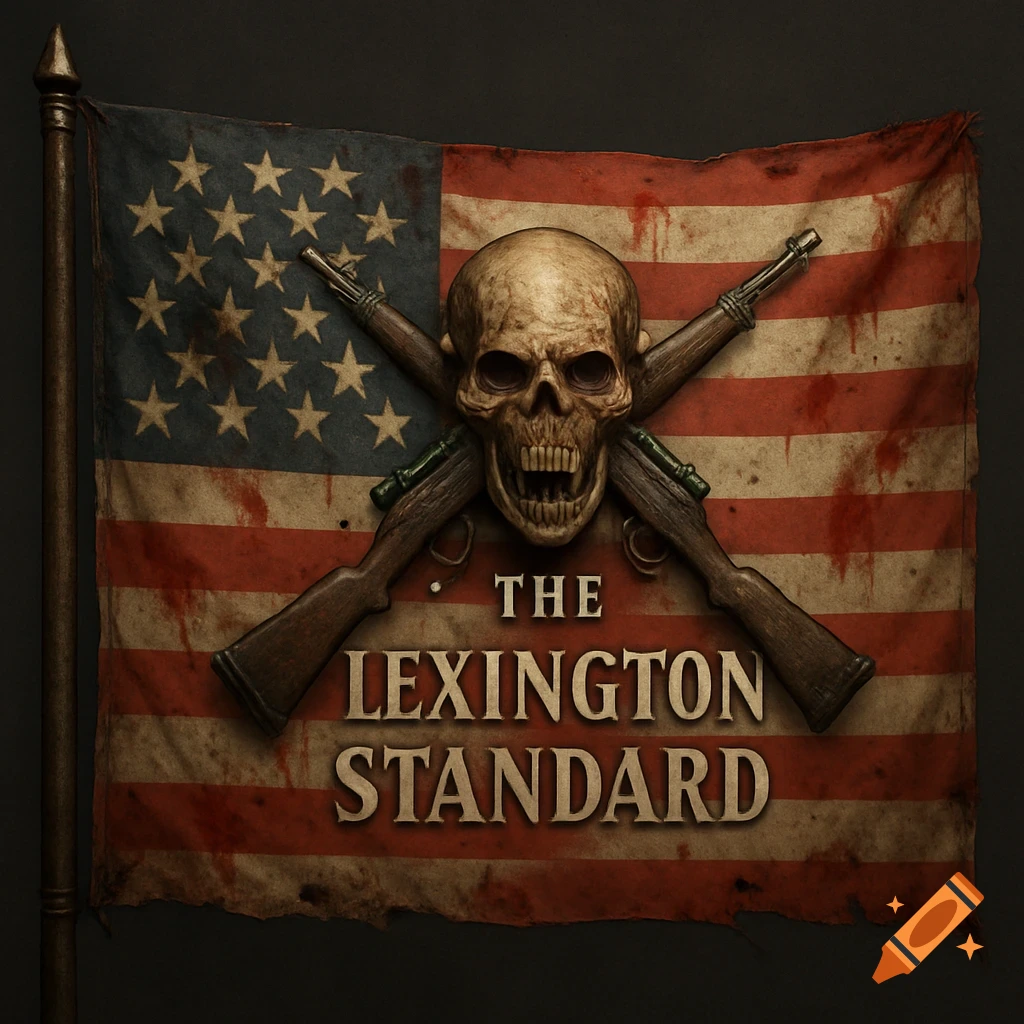 A weathered American flag featuring a skull with crossed rifles and the text 'THE LEXINGTON STANDARD'.