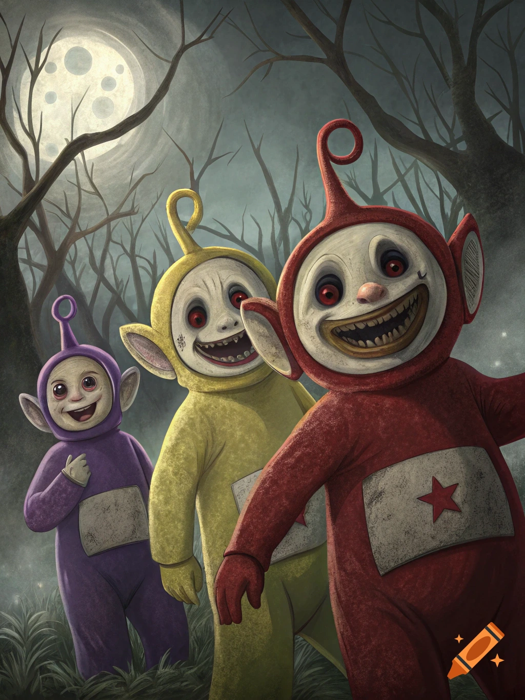 Digital painting of three scary Teletubbies with grotesque faces, red eyes, and sharp teeth standing in a dark, misty forest under a full moon.