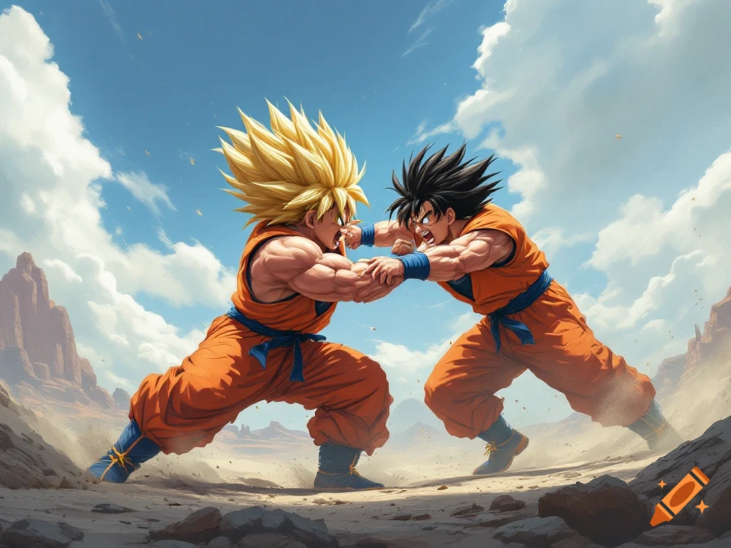 Two muscular anime characters with spiky hair, one with golden and one with black, push against each other in a desert landscape.