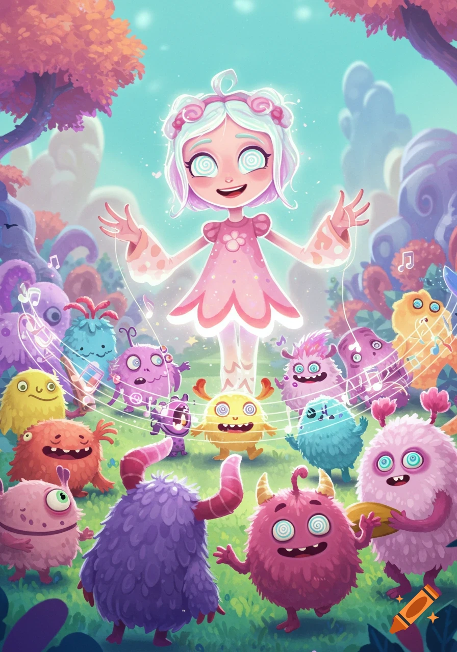 A girl with glowing spiral eyes mind-controls whimsical, colorful monsters to play music in a vibrant, fantastical landscape.