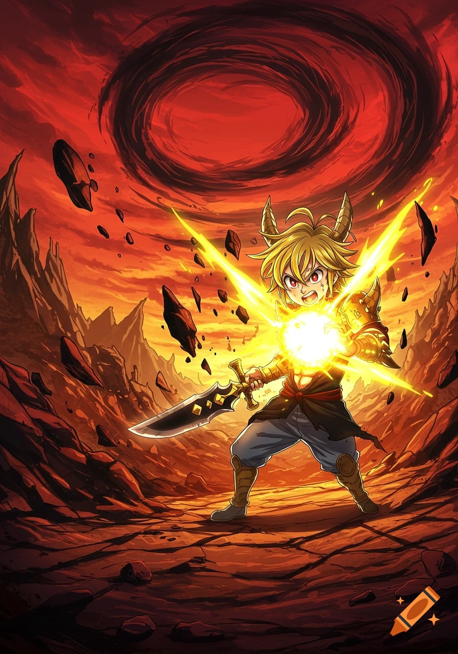 An anime character with blonde hair and horns, wielding a large sword and emitting a bright light, stands in a rocky, red-skied landscape with a swirling dark vortex.
