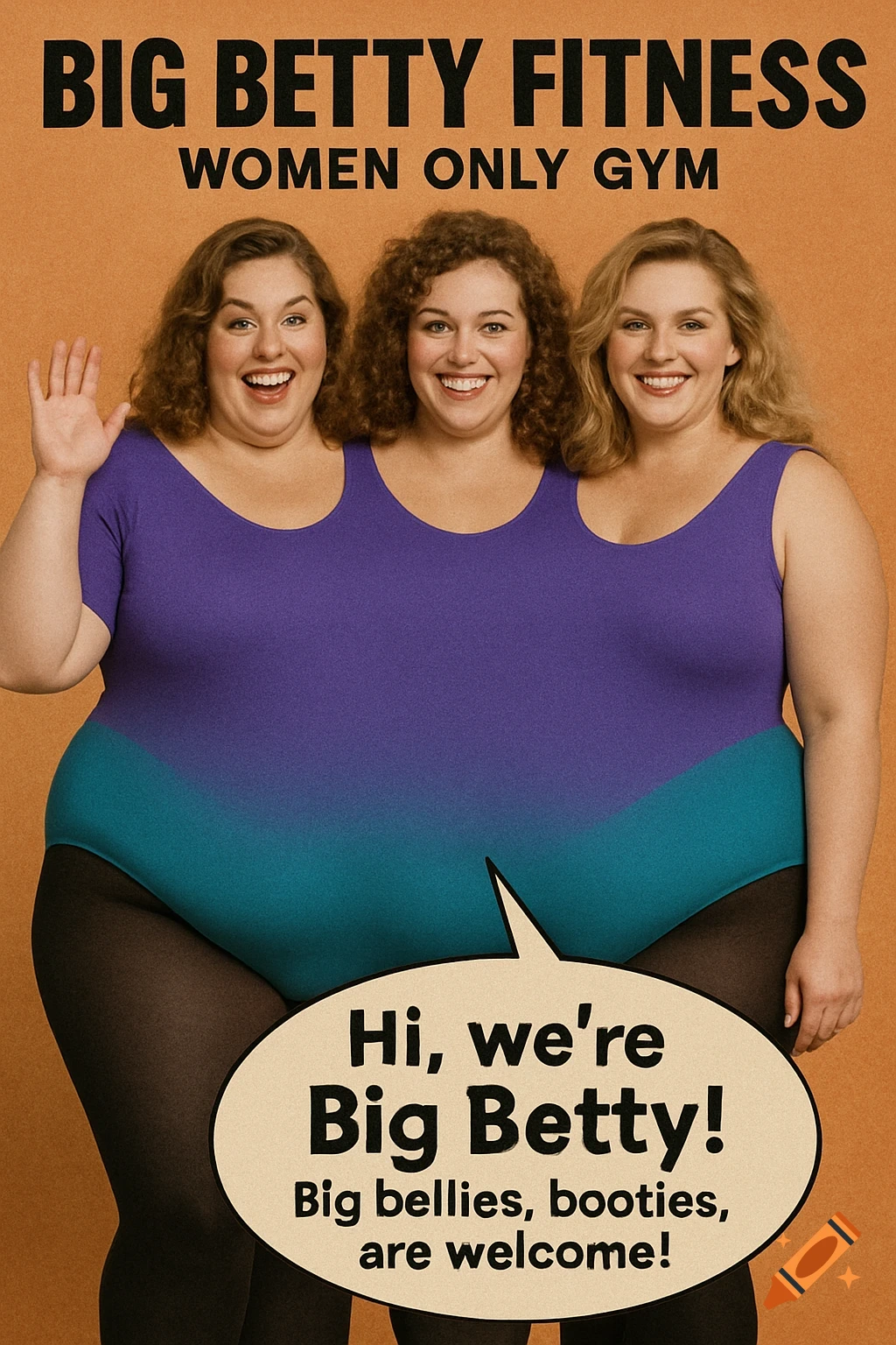 A quirky 1990s ad for "Big Betty Fitness" featuring three women merged into one large figure in a purple and teal leotard, with a speech bubble that says, "Hi, we're Big Betty! Big bellies, booties, are welcome!"