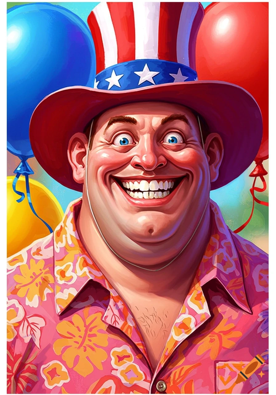 Cartoonish man with a wide smile wearing an Uncle Sam hat and a pink Hawaiian shirt, surrounded by patriotic balloons.