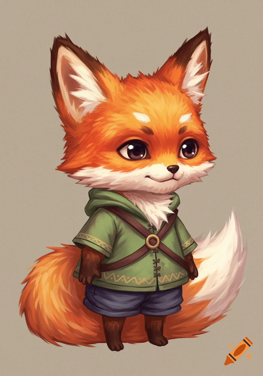 A cute, stylized orange fox character with big dark eyes, wearing a green hooded tunic and blue shorts, standing with a fluffy tail.