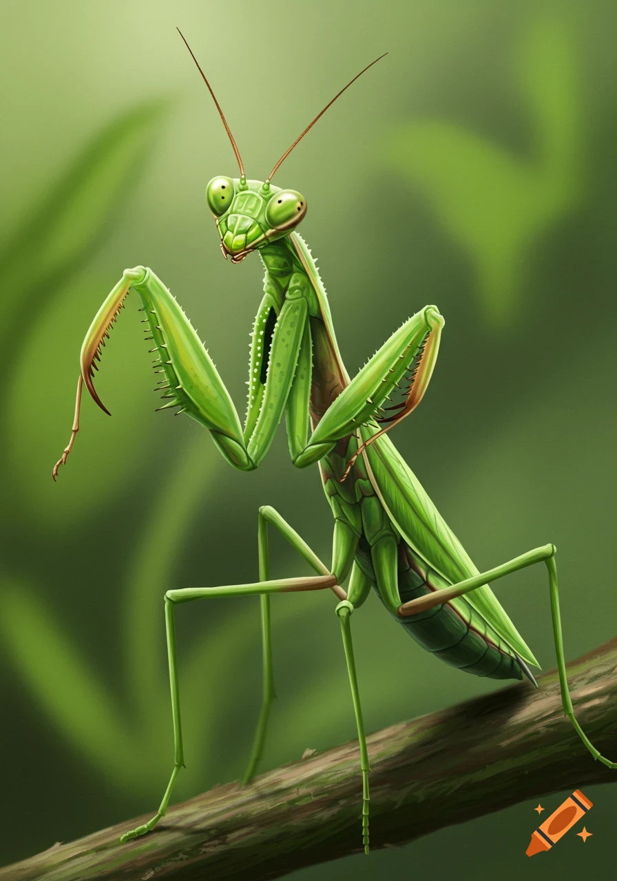 A detailed illustration of a green praying mantis perched on a brown branch against a blurred green background.