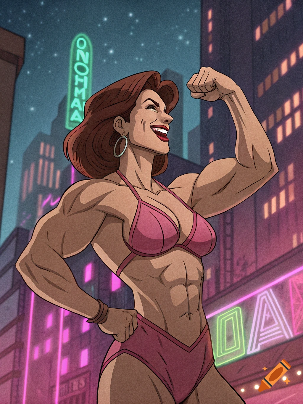 A red-haired female bodybuilder flexes in a pink bikini against a neon-lit city at night, in a 90s animated series style.