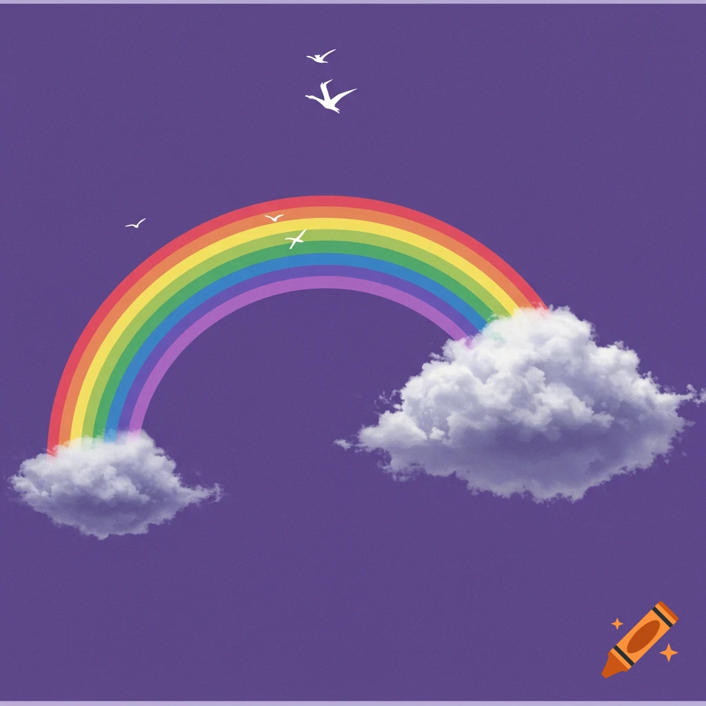 A vibrant rainbow arches between two clouds in a purple sky with white birds flying above.