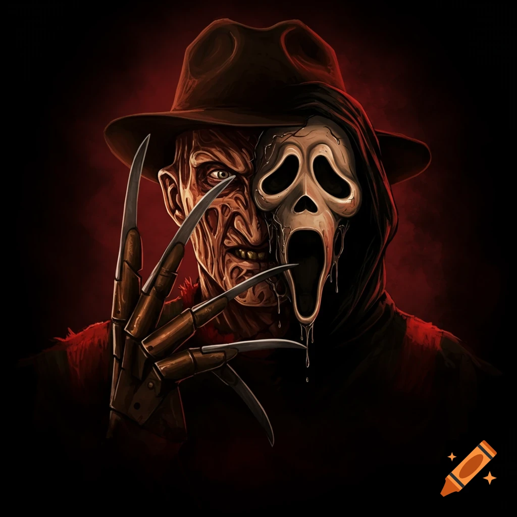 An illustration of Freddy Krueger's burnt face with his clawed hand, half-revealing a melting Ghostface mask against a dark red background.
