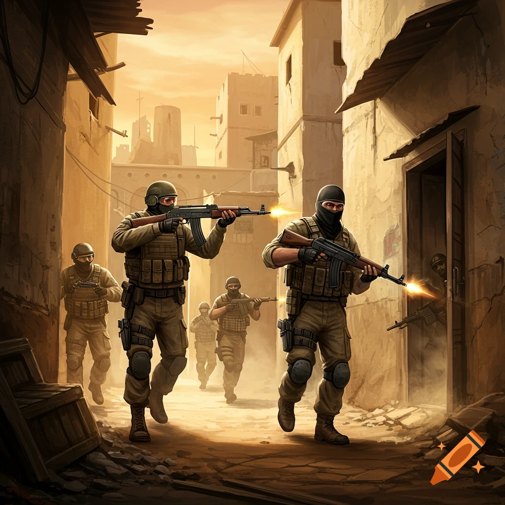 Stylized depiction of soldiers in desert camouflage moving through a dusty alleyway with rifles, firing in a combat zone.