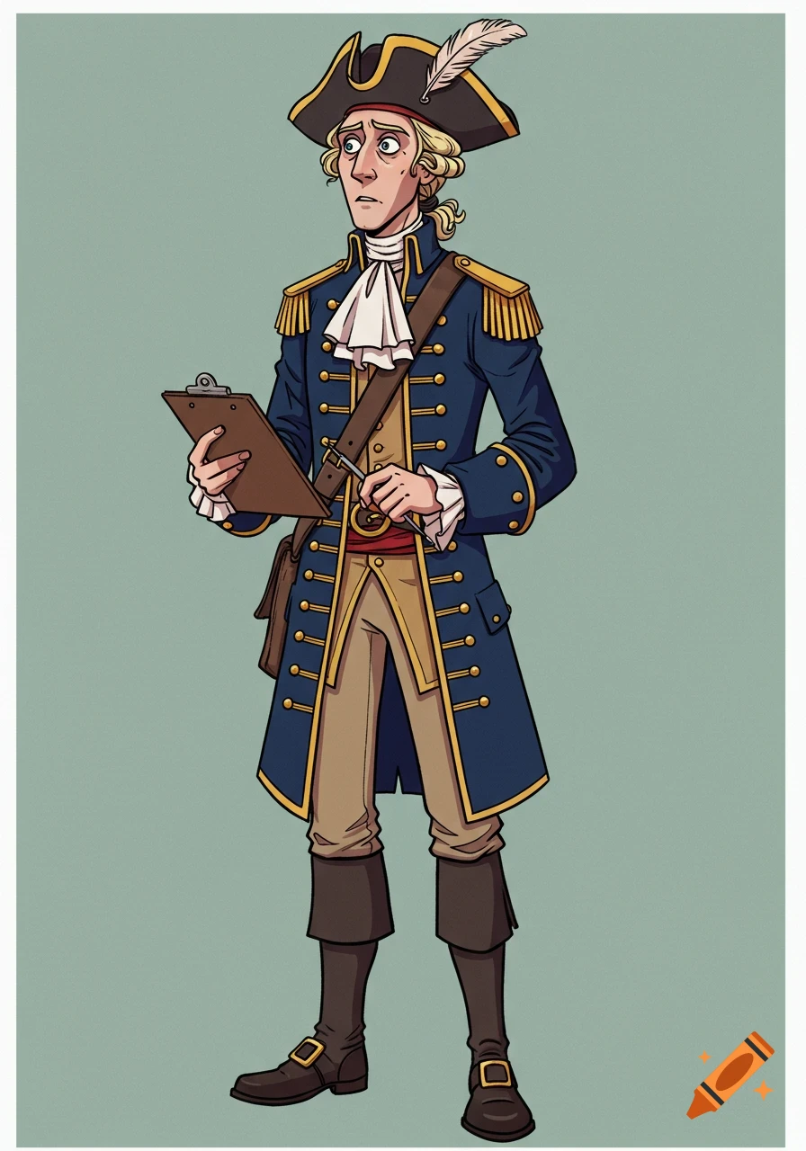 Anxious, tall, lanky cartoon man in a blue 18th-century captain's coat and tricorn hat, holding a clipboard.