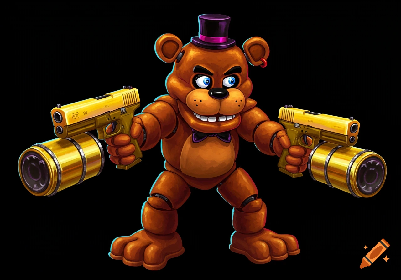 Cartoon illustration of Freddy Fazbear dual wielding two golden Glock pistols with drum magazines on a black background.